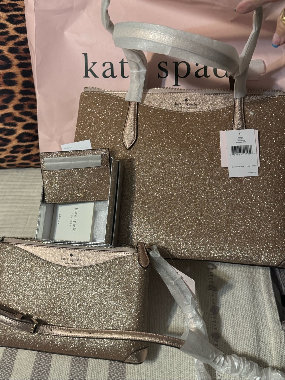 kate spade glitter tote, crossbody and cardholder set in rose gold